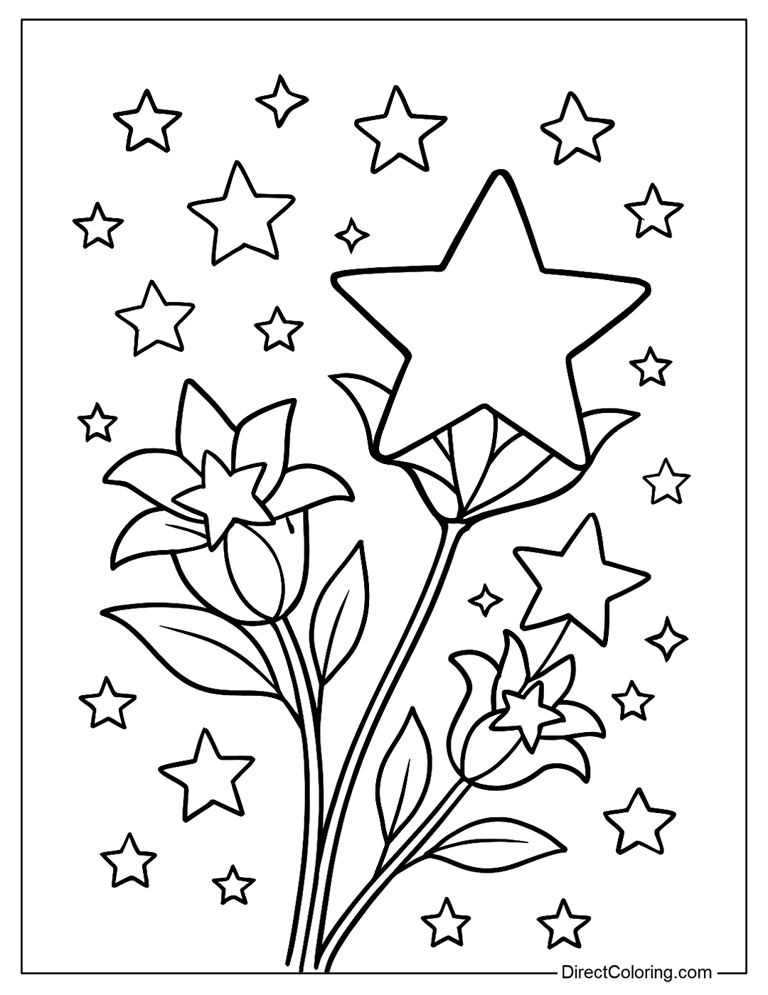 Coloring page of magical flowers blooming into stars